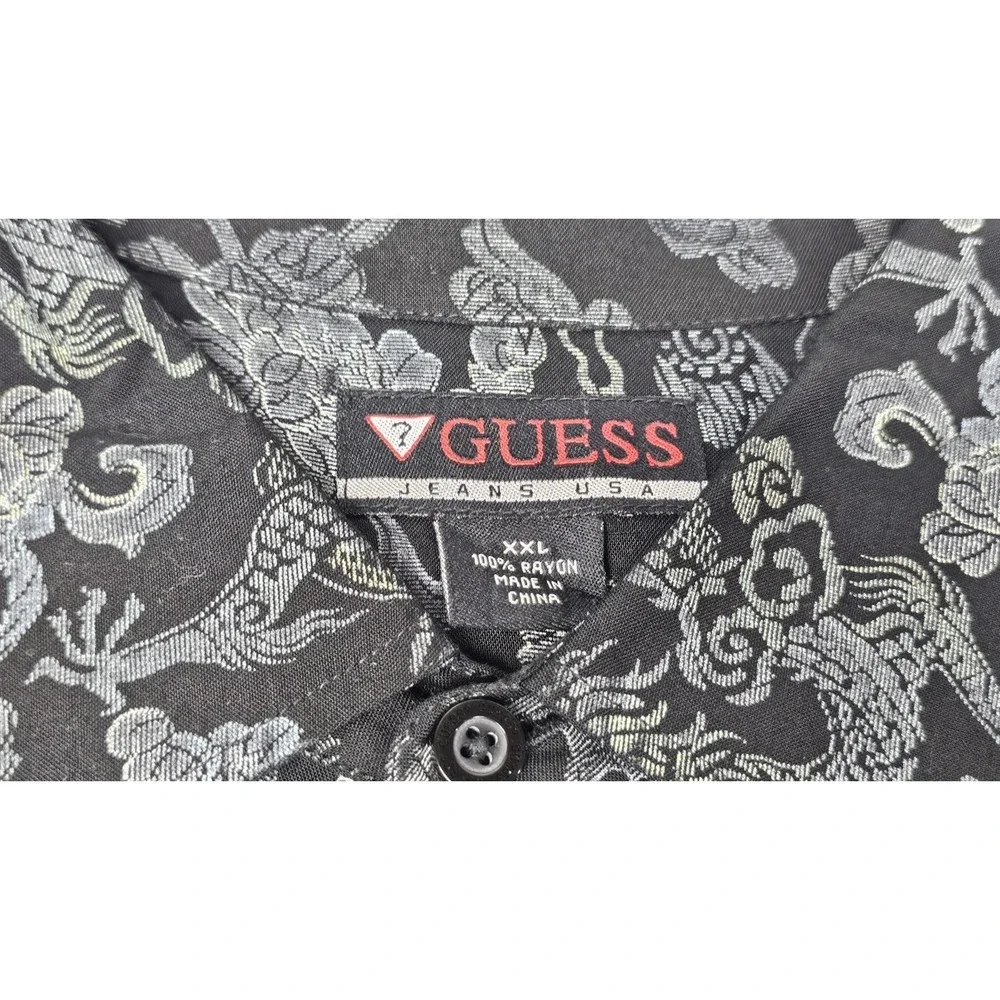 Vintage‎ Guess Jeans Button Up Shirt Mens XXL Black Rayon Asian AOP Longsleeve
